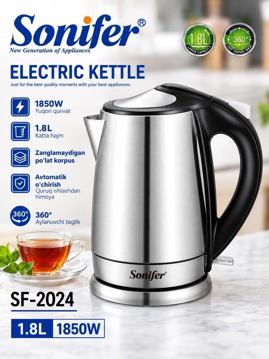 Sonifer SF-2024 Elektr Choynak 1.8L 1850W, Zanglamaydigan Po‘lat, 360° - 