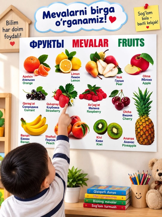 Обучающие плакаты для детей: иллюстрированный алфавит, цифры, фрукты, овощи, животные и карты - 
