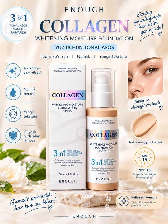 ENOUGH Collagen Whitening Moisture Foundation SPF15 — yuz uchun tonal asos, 100 ml - 