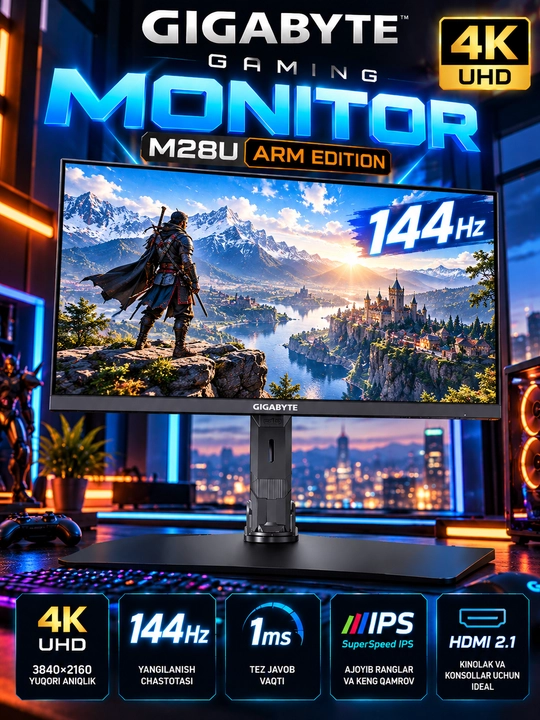 Gigabyte M28U Arm Edition 28″ 4K UHD Gaming Monitor, IPS, 144Hz, 1ms, HDMI 2.1 - 