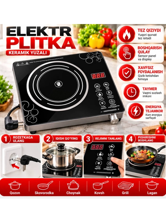 Bir konforkali elektr plita, shisha-keramikali, stol usti - 