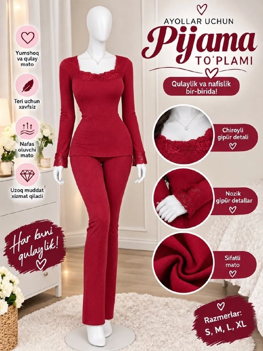 Ayollar uchun pijama to‘plami, to‘rli detalli, 2 qismli - 