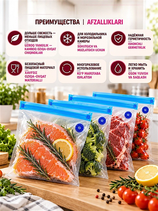 Вакуумные пакеты (5 шт), многоразовые, для хранения, заморозки, мариновки, Су-вид