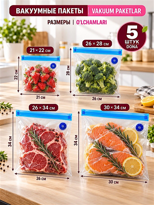 Вакуумные пакеты (5 шт), многоразовые, для хранения, заморозки, мариновки, Су-вид