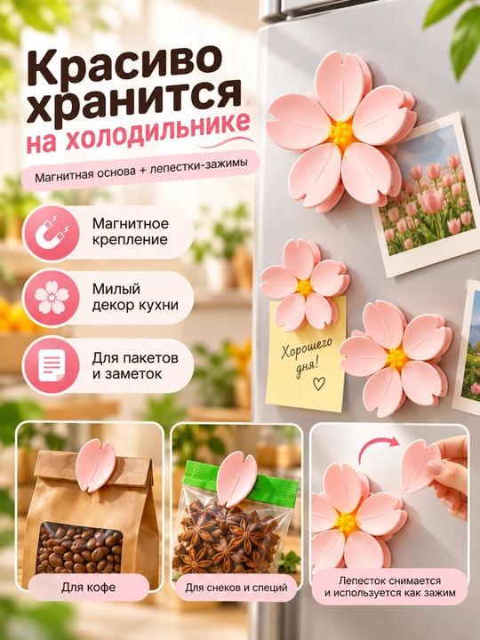 Sakura magnitli paket qisqichlari to‘plami, 5 ta yaproq-qisqichli gul