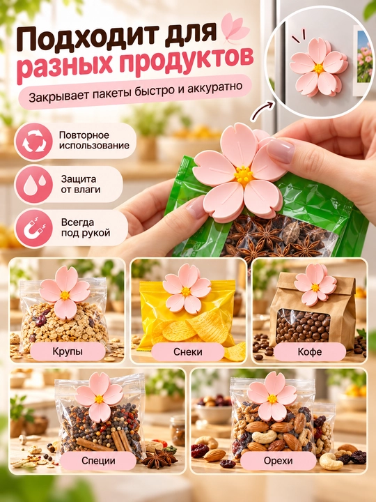 Sakura magnitli paket qisqichlari to‘plami, 5 ta yaproq-qisqichli gul