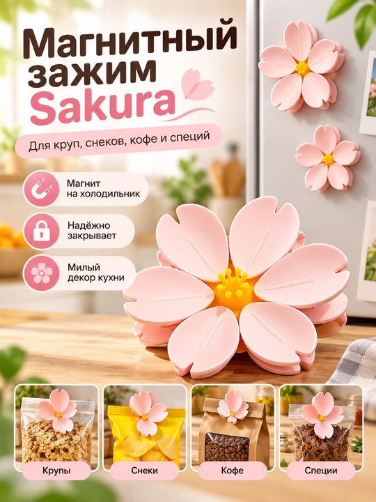 Sakura magnitli paket qisqichlari to‘plami, 5 ta yaproq-qisqichli gul - 