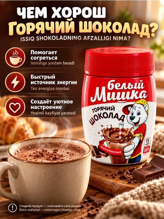 Горячий шоколад, растворимый, гранулированный, белый мишка, 300 г