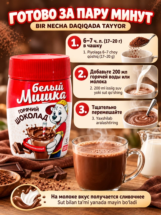 Горячий шоколад, растворимый, гранулированный, белый мишка, 300 г