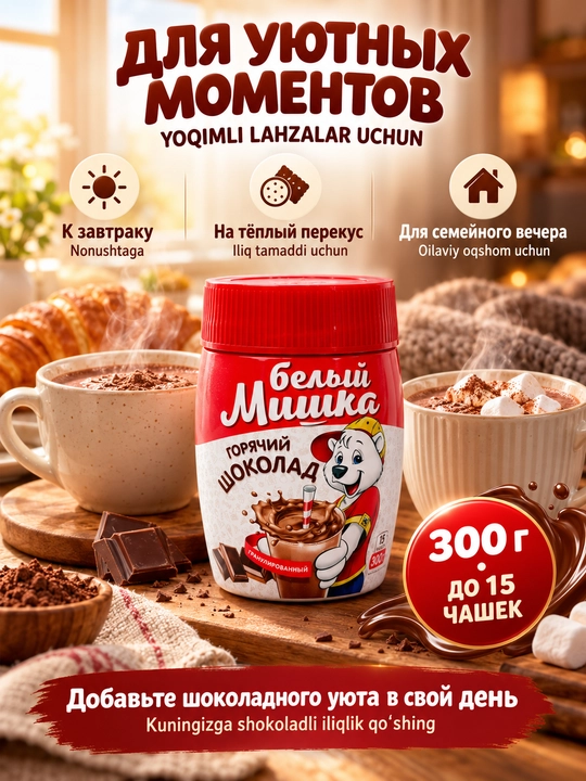 Горячий шоколад, растворимый, гранулированный, белый мишка, 300 г