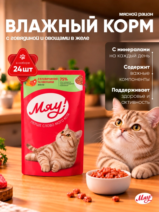 Myau mushuklar uchun nam yem, jeledagi mol go‘shti va sabzavotlar bilan, 85 g 24 dona - 