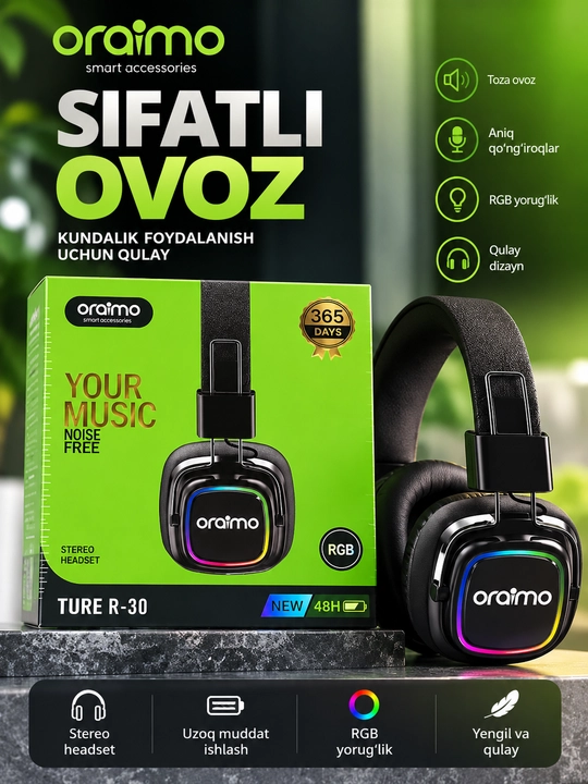 Oraimo TURE R-30 RGB yoritkichli stereo quloqchin, qora - 