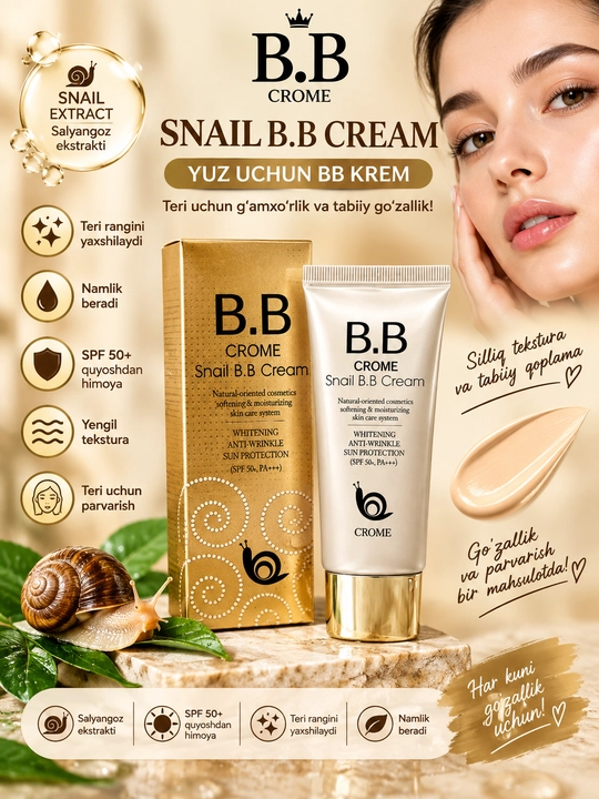 B.B CROME Snail BB Cream – yuz uchun BB krem, SPF 50+, namlantiruvchi tonal krem - 