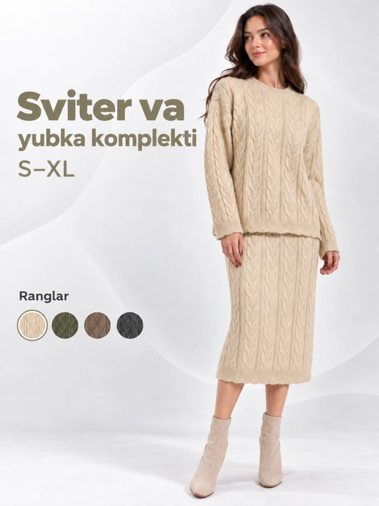 Ayollar va qizlar uchun to‘qima dvoyka — sviter va uzun yubka, S–XL - 