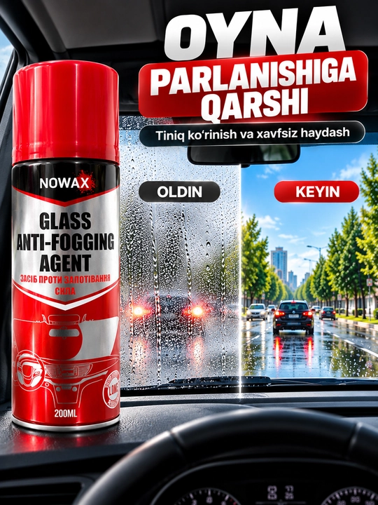 Avtomobil oynalari uchun parlanishga qarshi sprey, 200 ml  NOWAX Glass Anti-Fogging Agent - 