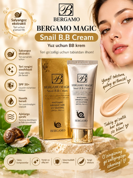 BERGAMO MAGIC Snail B.B Cream – yuz uchun BB krem, SPF 50+, salyangoz ekstrakti - 