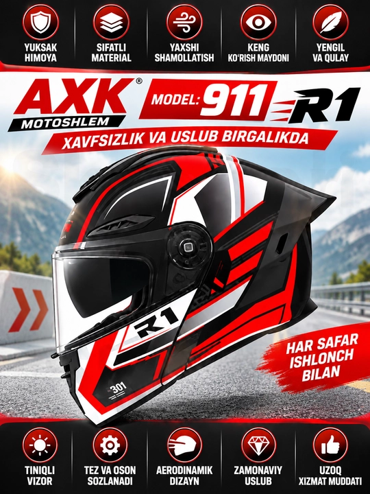 Мотошлем AXK 911+R1, закрытый шлем с визором для мотоцикла и скутера - 