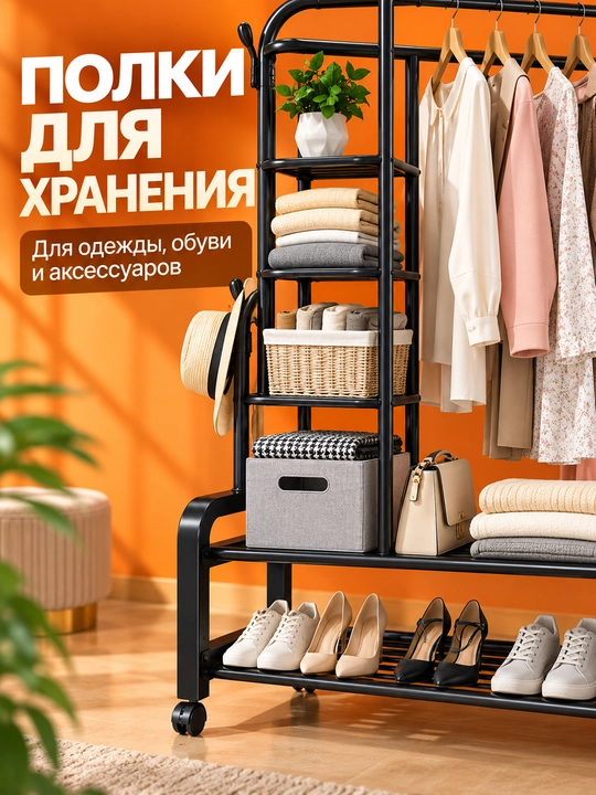 Вешалка для одежды, круглая напольная модель на колесах