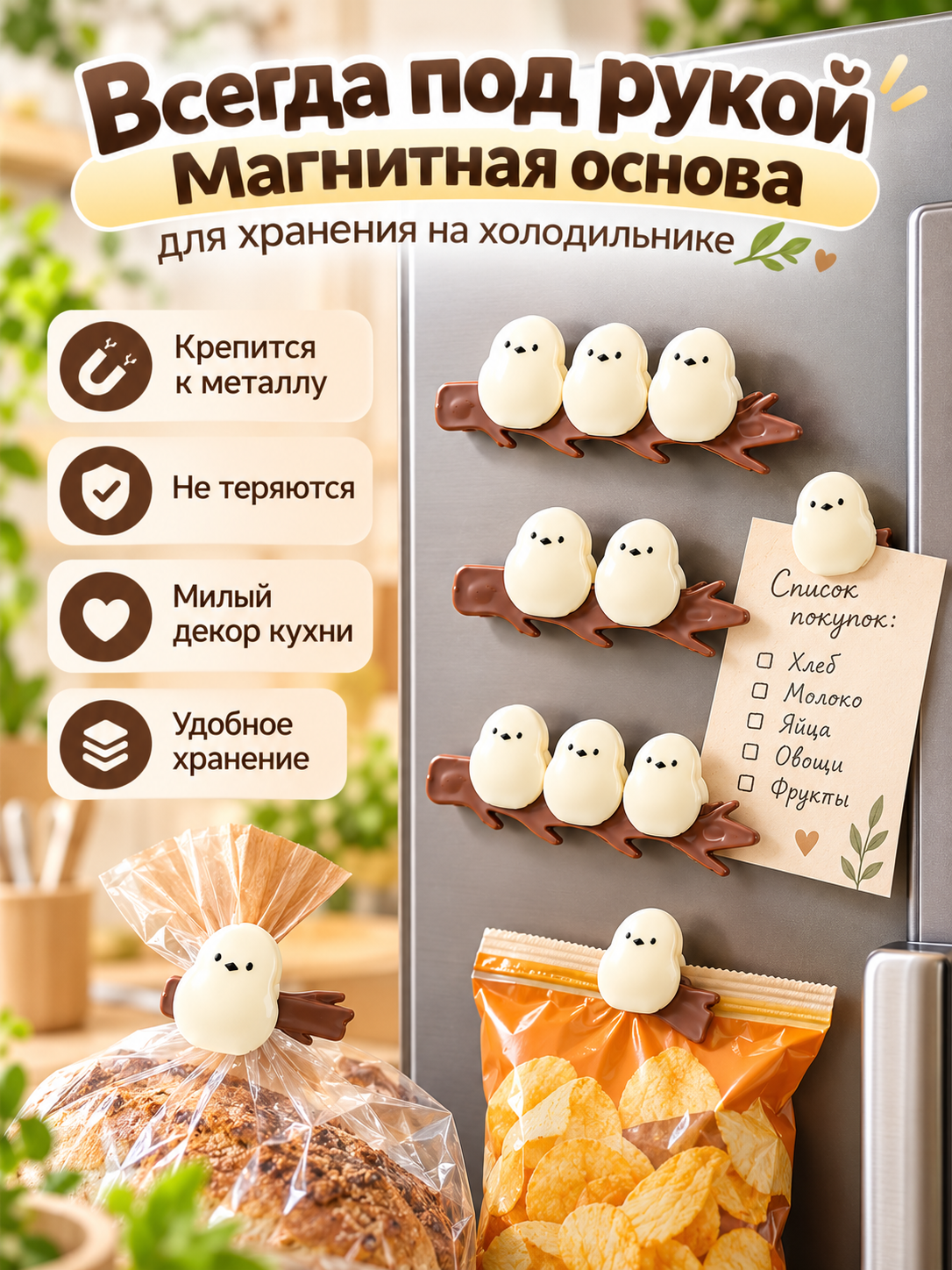 “Shoxdagi qushchalar” magnitli paket qisqichlari, chips, yorma, qahva va yeguliklar uchun - 
