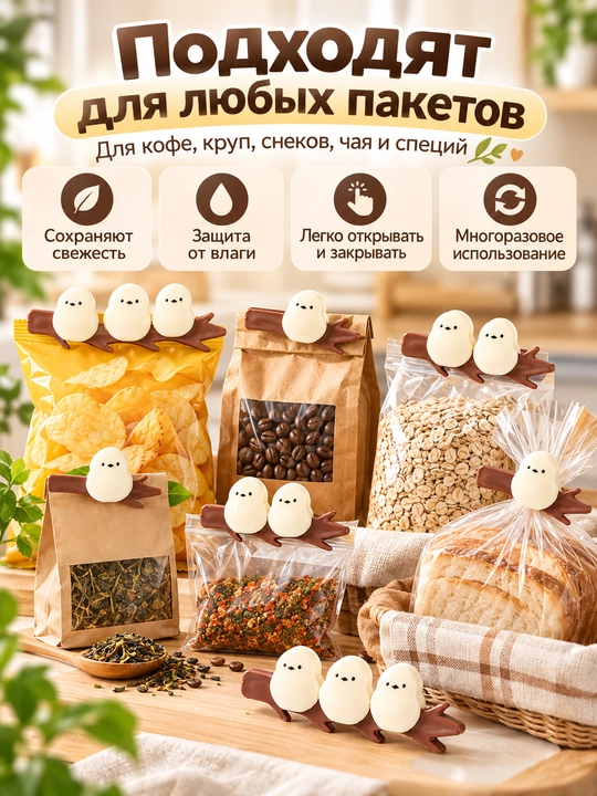 Магнитные зажимы для пакетов «Птички на ветке» набор клипс для чипсов, круп, кофе и снеков