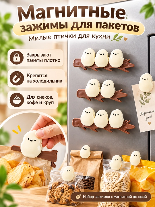 Магнитные зажимы для пакетов «Птички на ветке» набор клипс для чипсов, круп, кофе и снеков