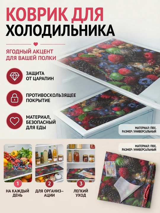 Коврик для полок холодильника антискользящий, набор 4 шт, защитные, моющиеся, - 