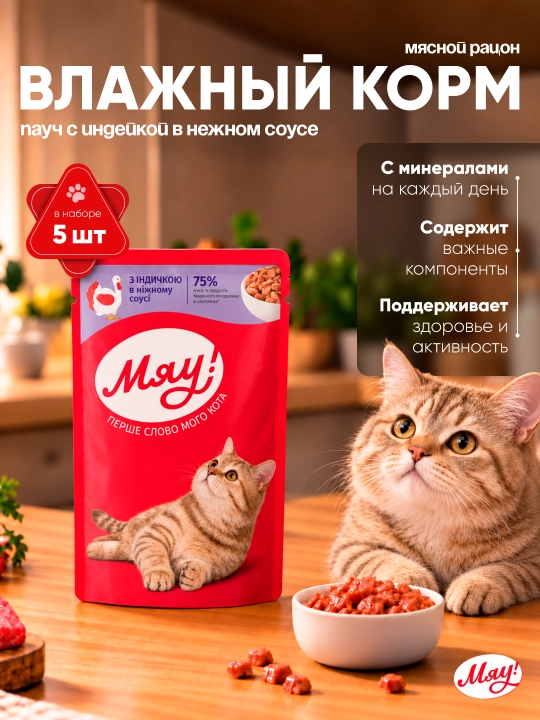 Мяу влажный корм для кошек, пауч с индейкой в нежном соусе, 85 г 5 шт - 