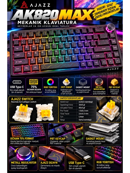 AJAZZ AK820 MAX — механическая клавиатура с магнитными свитчами USB Type-C