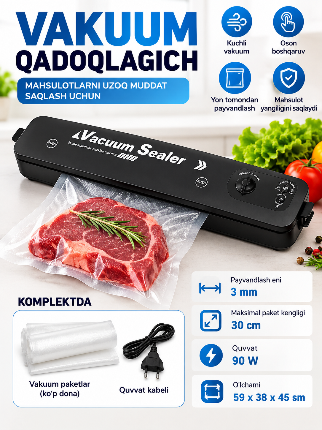 Vakuumli qadoqlagich VSX takomillashtirilgan versiyasi + 10 paket - 