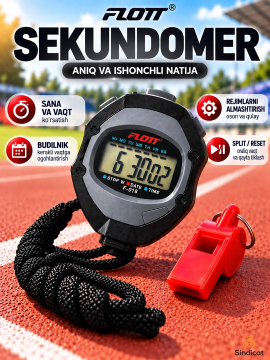 FLOTT F-018 elektron sekundomer, hushtak va shnur bilan, barcha sport turlari uchun