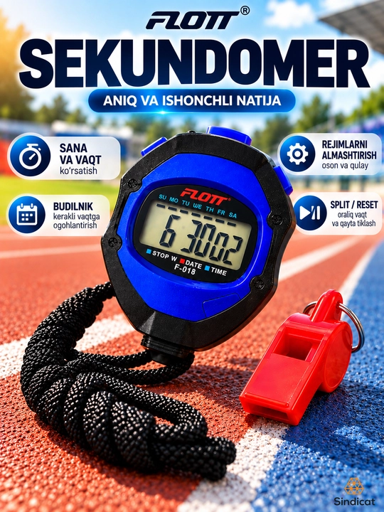 FLOTT F-018 elektron sekundomer, hushtak va shnur bilan, barcha sport turlari uchun