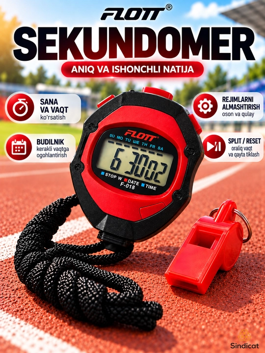 FLOTT F-018 elektron sekundomer, hushtak va shnur bilan, barcha sport turlari uchun