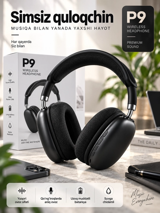 P9 simsiz Bluetooth quloqchin, katta over-ear naushnik, mikrofonli headset - 