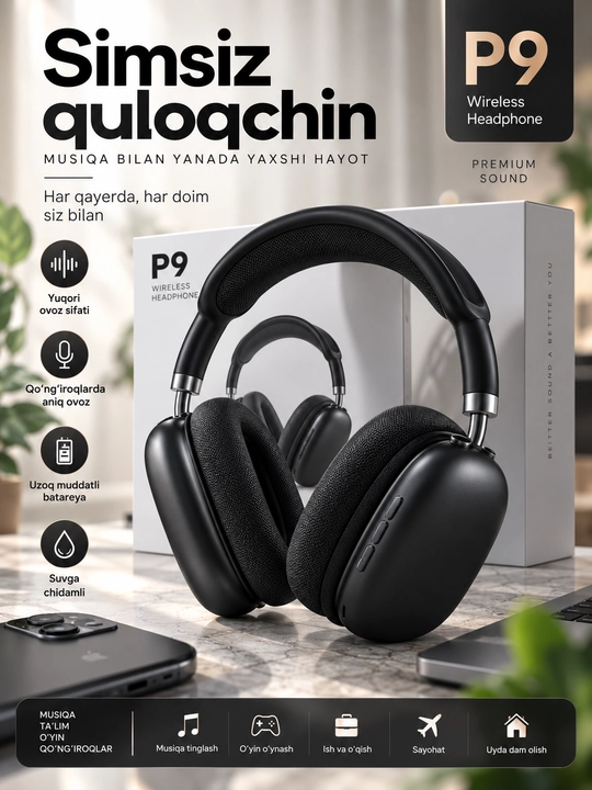 P9 simsiz Bluetooth quloqchin, katta over-ear naushnik, mikrofonli headset