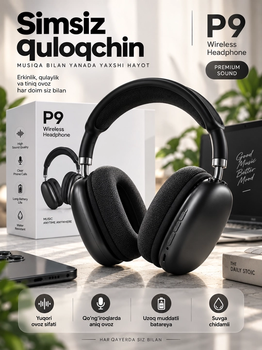 P9 simsiz Bluetooth quloqchin, katta over-ear naushnik, mikrofonli headset