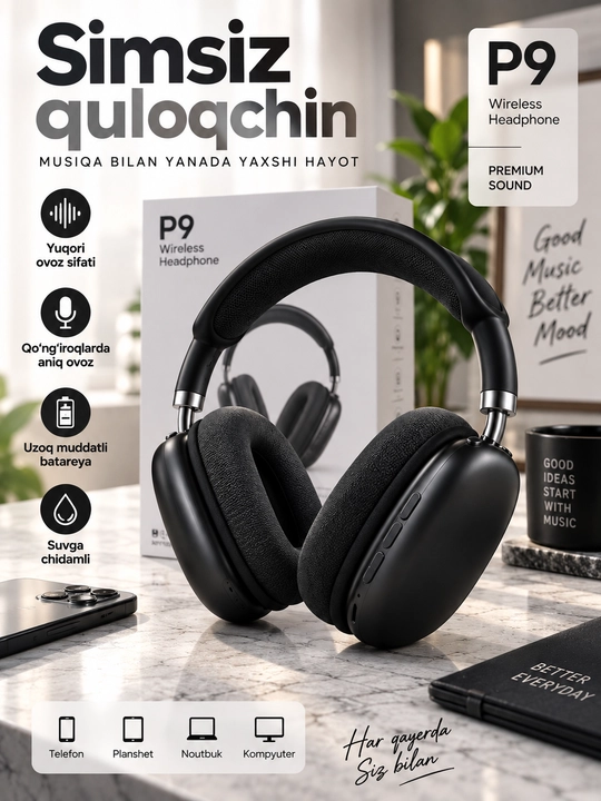 P9 simsiz Bluetooth quloqchin, katta over-ear naushnik, mikrofonli headset