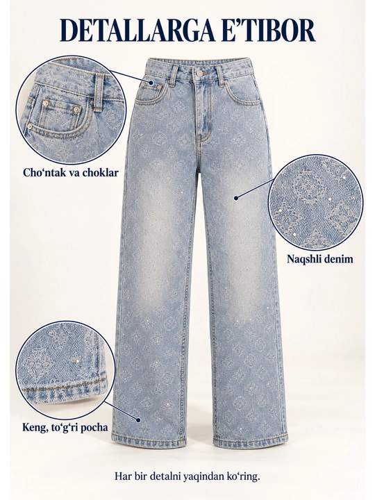 Ayollar uchun naqshli jinsi shim, yuqori belli keng kesim wide leg denim shim