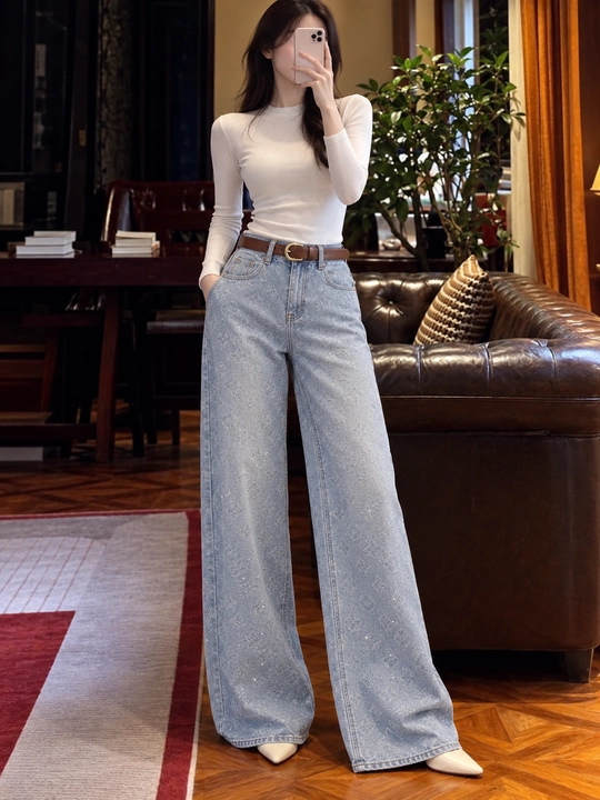 Ayollar uchun naqshli jinsi shim, yuqori belli keng kesim wide leg denim shim