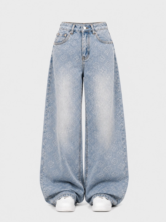 Ayollar uchun naqshli jinsi shim, yuqori belli keng kesim wide leg denim shim