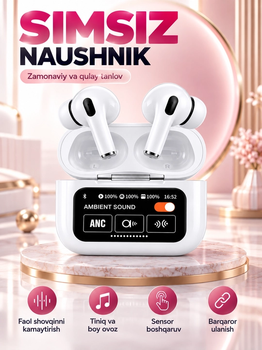 Simsiz naushniklar Arpods Pods Pro ANC, sensor ekranli