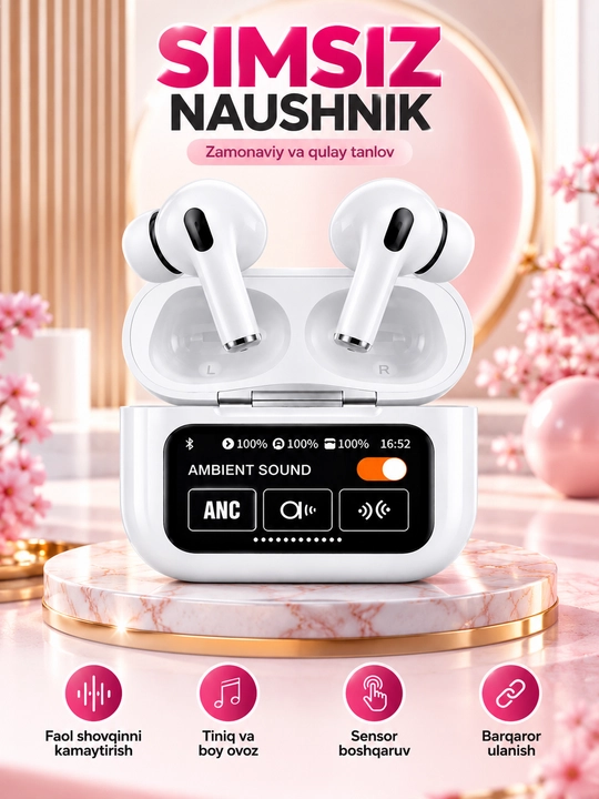 Simsiz naushniklar Arpods Pods Pro ANC, sensor ekranli
