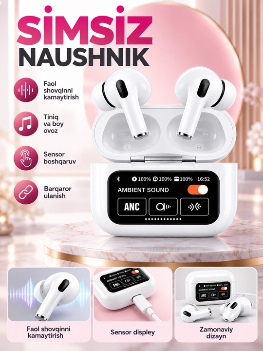 Simsiz naushniklar Arpods Pods Pro ANC, sensor ekranli - 