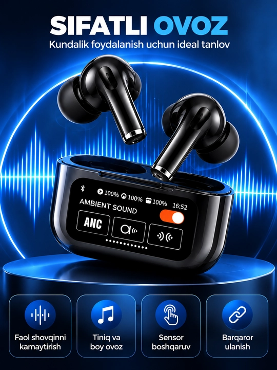 Simsiz naushniklar Arpods Pods Pro ANC, sensor ekranli