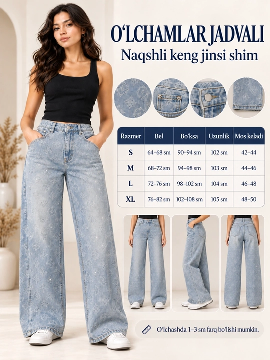 Ayollar uchun naqshli jinsi shim, yuqori belli keng kesim wide leg denim shim
