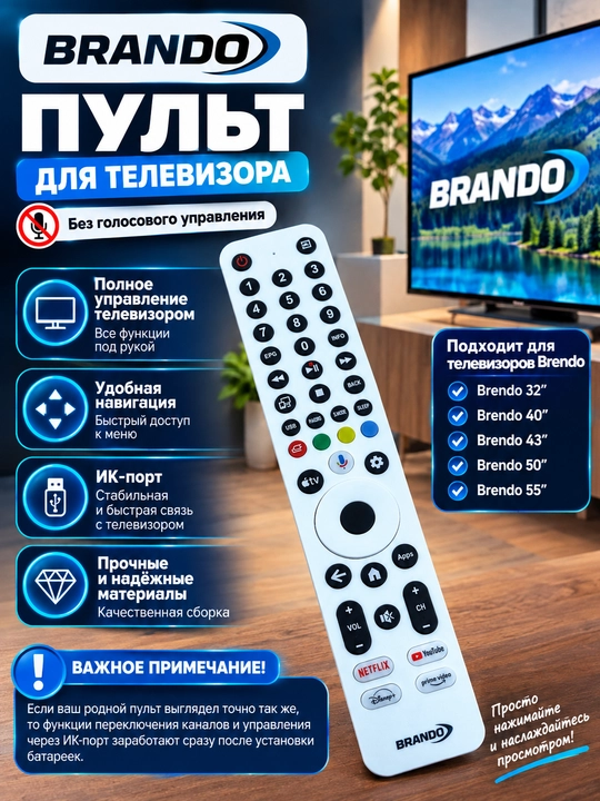 Ovozli boshqaruvsiz Brendo TV uchun oq rangli masofadan boshqarish pulti - 