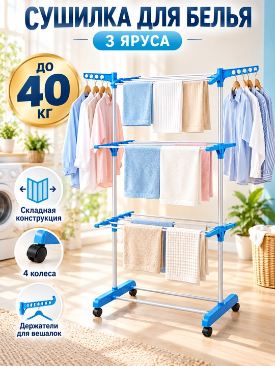 Сушилка для белья напольная, 3 яруса, складная, на колёсах, до 40 кг, 170 см - 