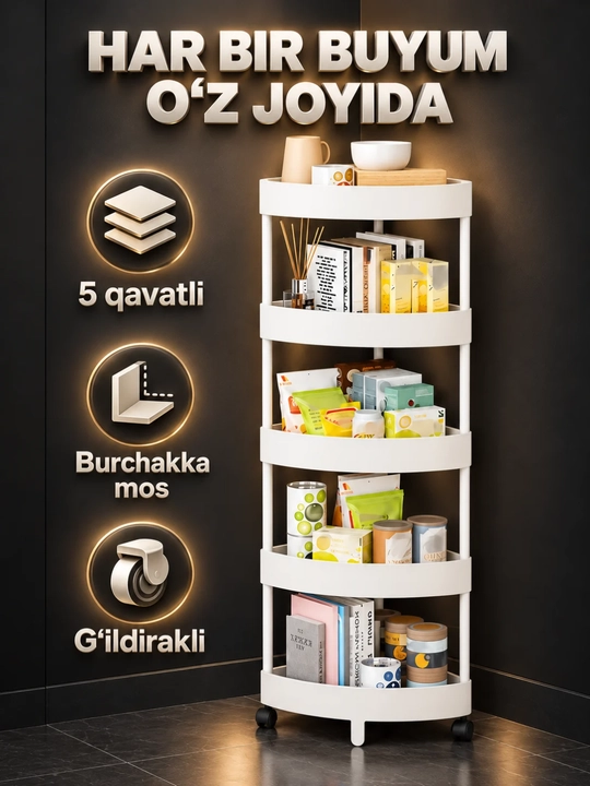 G‘ildirakli burchakli plastik javon (4 qavatli)