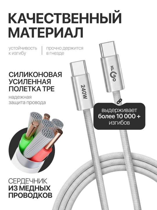 Кабель быстрой зарядки KLGO Type-C (240W, 1.8 метра)