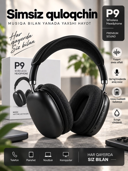 P9 simsiz Bluetooth quloqchin, katta over-ear naushnik, mikrofonli headset