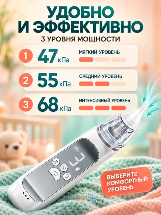 Электрический аспиратор для детей — 3 режима всасывания, тихий, Type-C